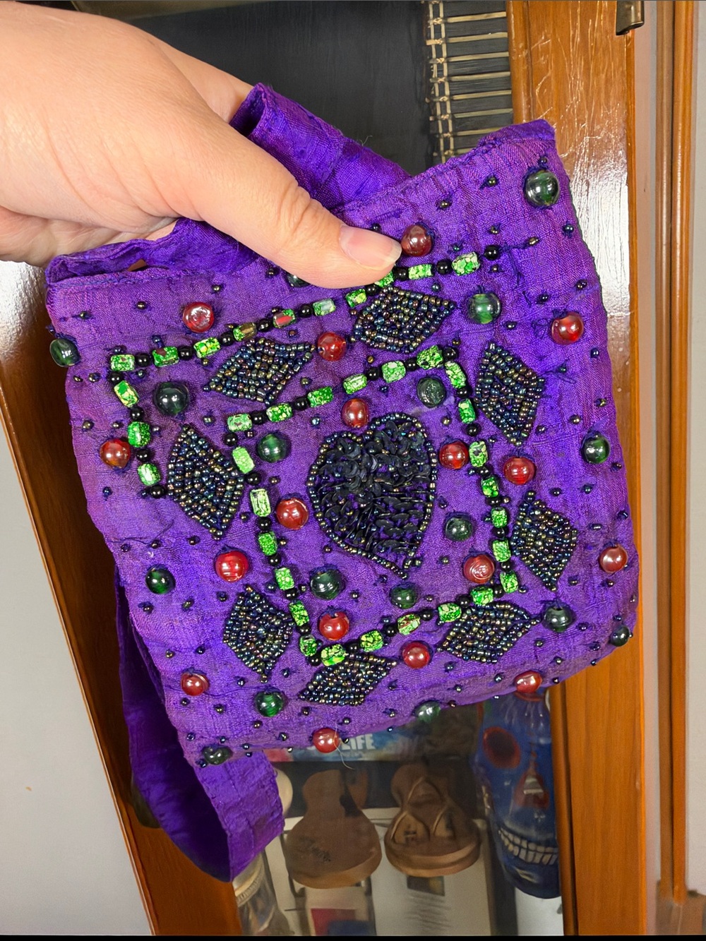 Beaded Purple Crossbody Bag with Heart Accent